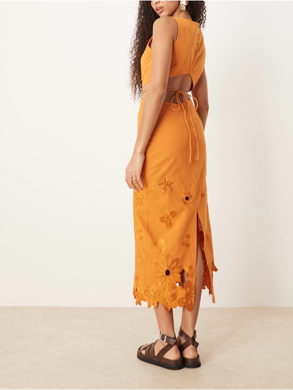 ASOS Design Orange Floral Embroidered Cutout Midi Dress Cotton Blend UK 16 US 12 - Picture 2 of 6